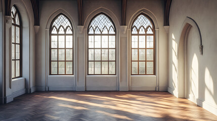 Fototapete - A bright, spacious room with tall arched windows, casting shadows on the wooden floor, highlighting elegant architectural features