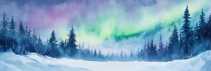 Poster - Vibrant auroras illuminate a snowy forest landscape during a winter night in the northern wilderness. Generative AI
