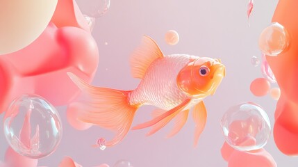 Wall Mural - Goldfish swimming among floating bubbles in vibrant water