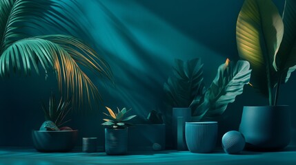 Wall Mural - Moody botanical arrangement with tropical leaves