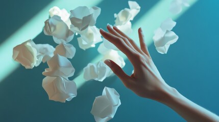 Sticker - Hand reaching for floating white paper pieces