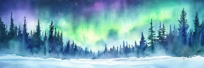 Poster - Colorful northern lights illuminate a winter forest landscape during a clear night sky in a serene wilderness setting. Generative AI