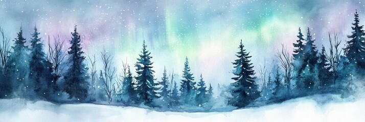 Leinwandbilder - Majestic winter landscape with northern lights illuminating snowy forest at twilight. Generative AI