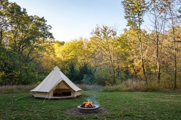 Fototapete - Camping experience with a tent and cozy campfire in a wooded area during autumn. Generative AI