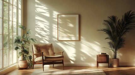 Sticker - Sunlit room, armchair, plants, mockup poster