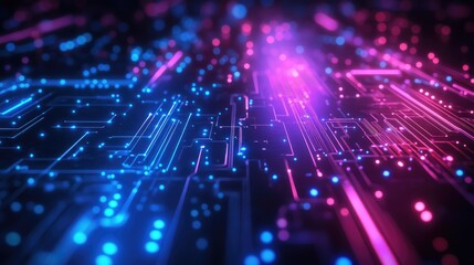 Poster - Futuristic printed circuit board with glowing pink and blue lights