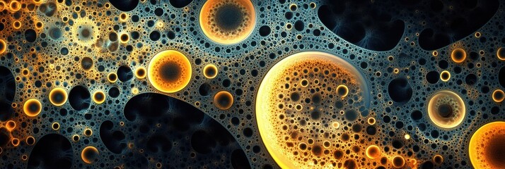 Wall Mural - Colorful abstract pattern resembling bubbles in dark space highlighting vibrant orange and blue tones. Generative AI