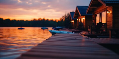 Wall Mural - Lakeside tranquility wooden cabins at dusk reflecting skies on the water