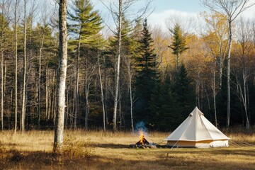 Poster - Camping in a forest clearing with a tent and campfire during autumn afternoon. Generative AI