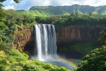 Wall Mural - Wipwil falls cascading down a cliff in kauai, hawaii, creating a rainbow