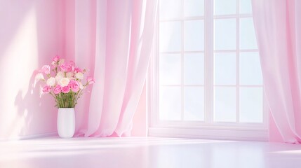 Canvas Print - Pink room, flowers, window, sunlight, vase, interior design