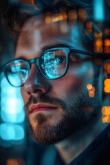 Wall Mural - programmer working late at night analyzing code reflected in glasses