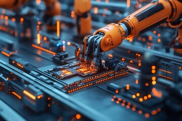 Fototapete - Robotic arm assembling electronic components on circuit board in futuristic factory