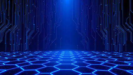 Futuristic Blue Tech Background – Glowing Hex Grid with Digital Circuit Lines