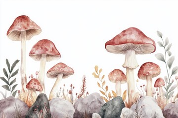 Poster - Watercolor autumn mushrooms, plants, rocks, forest, design