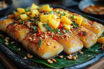 Wall Mural - Delicious fried fish fillets with mango salsa, peanuts, chili, and herbs on banana leaf