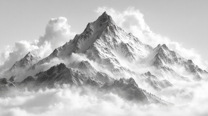 Wall Mural - Majestic snow-capped mountain peak emerging from dense clouds under a dramatic sky