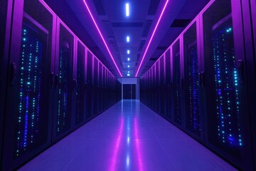 Poster - Server room with neon lights illuminating network hardware