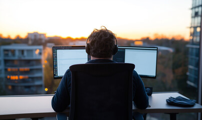 Focused Programmer at Sunset overlooking Cityscape