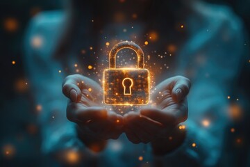 Wall Mural - businesswoman protecting data with digital padlock, cybersecurity concept