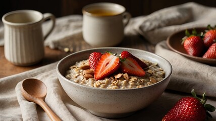 Wall Mural - A bowl of warm oatmeal topped with fresh strawberries (whole and sliced), almonds, and drizzled with honey