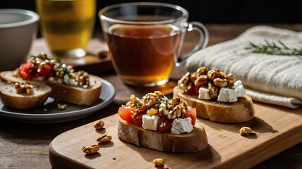 Wall Mural - A bruschetta with goat cheese, honey, and walnuts, served on a wooden board with a cup of tea beside it.