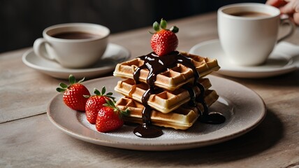 Wall Mural - A plate of waffles drizzled with chocolate sauce, decorated with fresh strawberries