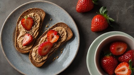 Wall Mural - A whole grain toast with peanut butter, sliced strawberries, and chia seeds