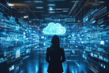 Wall Mural - businesswoman looking at cloud computing and futuristic server room visualization