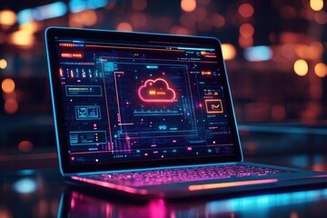 Poster - Cloud computing futuristic interface on laptop screen displaying data and information in neon colors