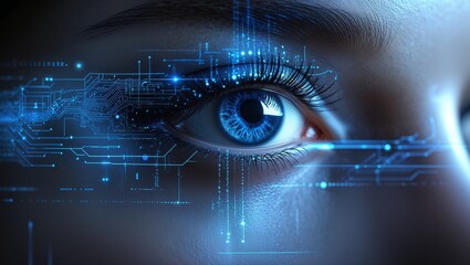 Cybernetic Vision: Close-up of a woman's eye with futuristic digital data overlay, showcasing technological advancement and artificial intelligence. A mesmerizing blend of human and machine new