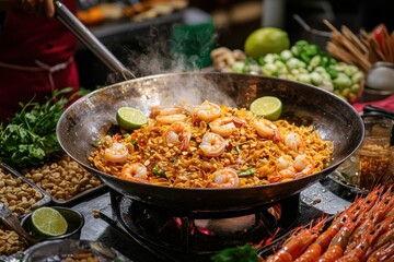 Close up of shrimp pad thai in a wok with lime wedges, steam rising, showcasing fresh ingredients and culinary expertise, creating a flavorful and authentic dining experience.