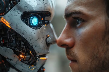 Poster - Engineer observing humanoid robot's face close up, artificial intelligence concept