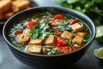 Wall Mural - Delicious tofu noodle soup with fresh vegetables