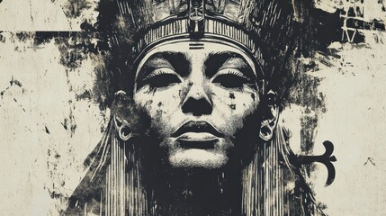 Egyptian queen portrait, artistic style, textured background, possible use in art books or digital displays