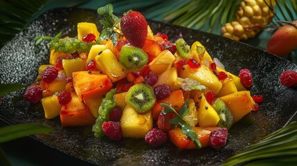 Wall Mural - Exotic Fruit Salad: A Tropical Delight with Strawberry and Kiwi Garnish