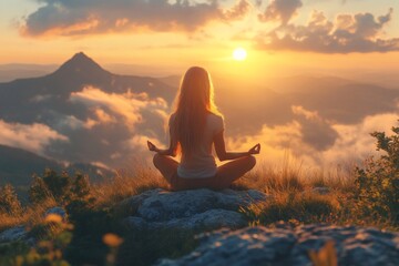 Wall Mural - Woman practicing yoga on top of a mountain at sunset enjoying the beautiful view