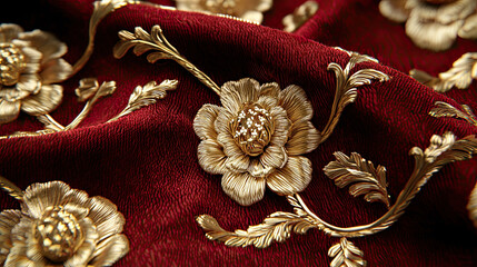 Close up of red velvet fabric featuring gold flowers and intricate golden thread embroidery on a deep red background Background