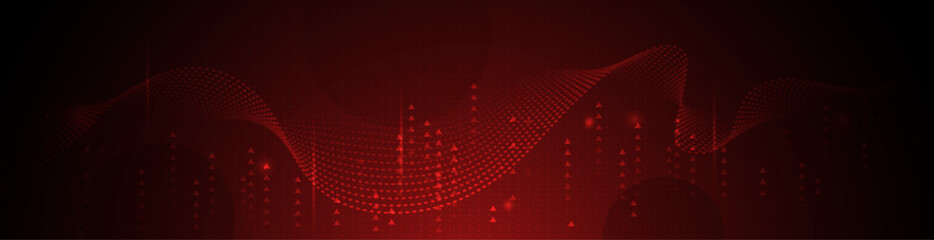 Fototapete - Illustration vector abstract wave, flow line, motion pattern and particle dot on red background. Modern futuristic, big data design for background. Digital datum, high tech, technology concept