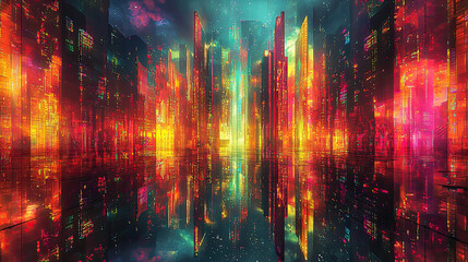 Wall Mural - Futuristic city skyline with neon lights and reflections showcasing cyberpunk architecture at night with illuminated skyscrapers and vibrant colors Background