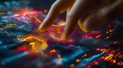 Wall Mural - close up view of an index finger interacting with a dynamic and vibrant holographic interface showca