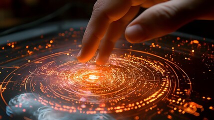 Wall Mural - close up of a finger interacting with a dynamic futuristic holographic interface showcasing the powe