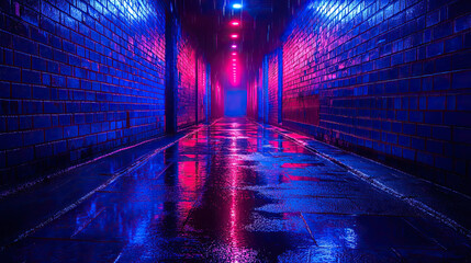 Wall Mural - Long hallway with red light and deep blue cyberpunk alley featuring neon reflections in urban setting Background