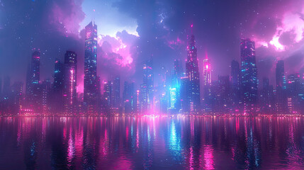 Wall Mural - Futuristic city skyline with neon lights reflecting in water at night showcasing a cyberpunk aesthetic and vibrant urban environment Background