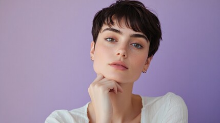 Wall Mural - Close-up portrait of a pensive, thinking woman standing and holding her chin, looking at the camera, isolated over a violet-colored background with copy space. The focused,