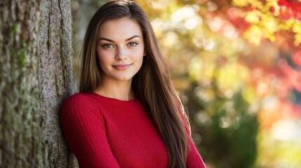 Wall Mural - Young woman in red sweater against autumn foliage. Perfect for seasonal fashion, outdoor portraits, and natural lifestyle content