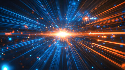 Wall Mural - abstract blue light speed background with laser rays and glowing flare in the center, motion blur ef