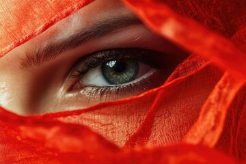 Wall Mural - A close-up shot of a woman's eye with a red veil, suitable for use in portraits or dramatic scenes