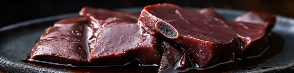 Poster - A close-up of meat on a black plate, topped with a savory sauce