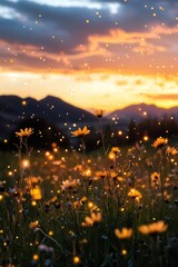 Poster - Field of bright yellow flowers against a warm sunset backdrop, ideal for nature and outdoor-themed projects